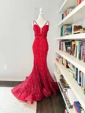 Jovani Deep Red Beaded Mermaid Gown with Double Straps sz 0